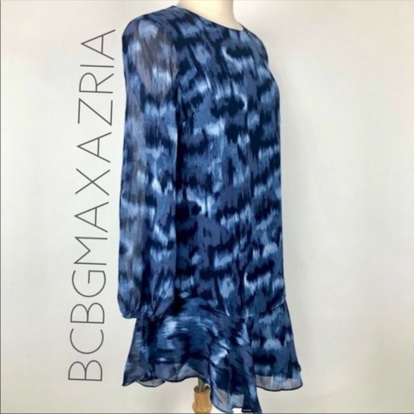 NWT BCBGMAXAZRIA Ikat blue tiered ruffle dress M - Picture 1 of 7